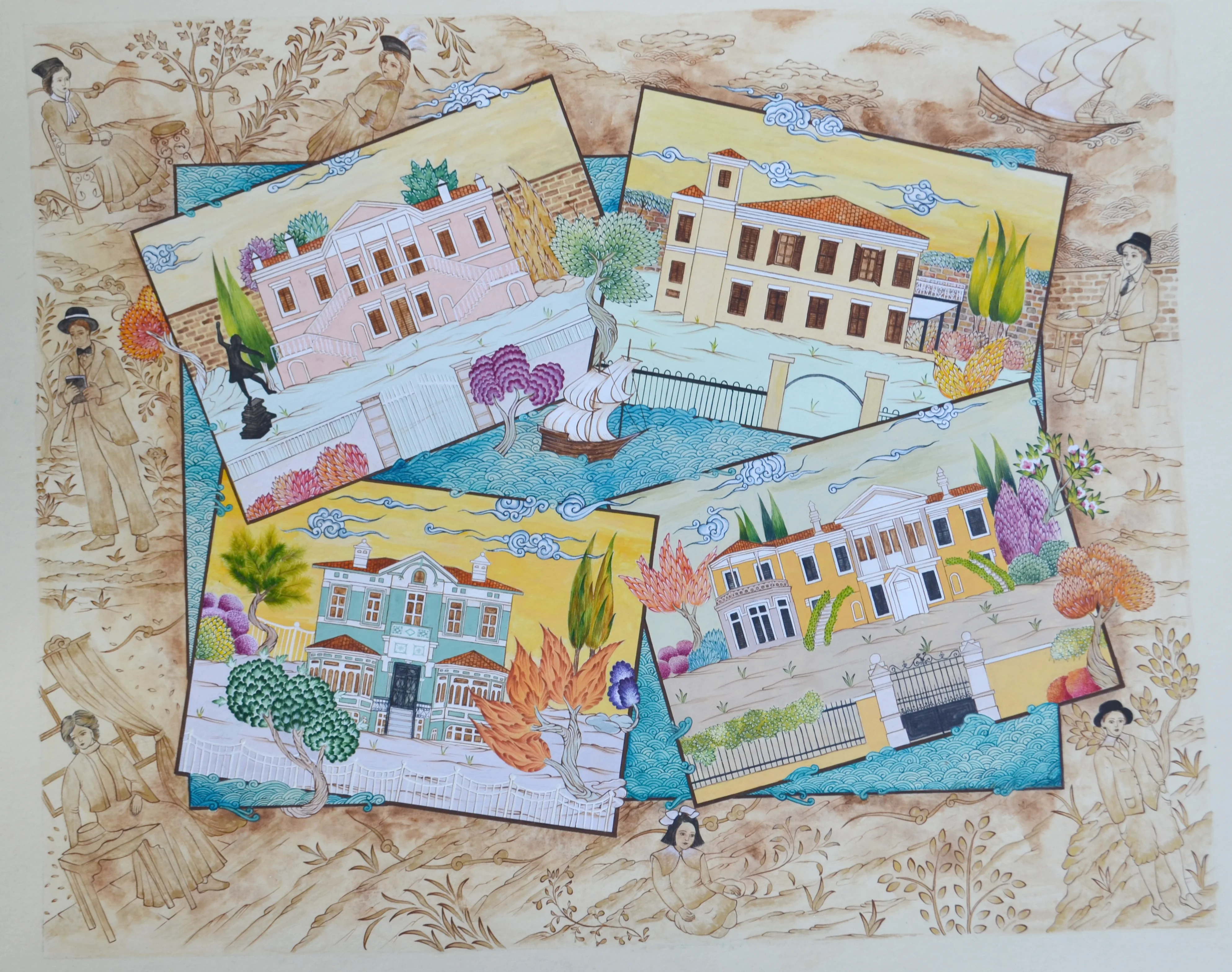 Watercolor gouache and acrylic on murakka