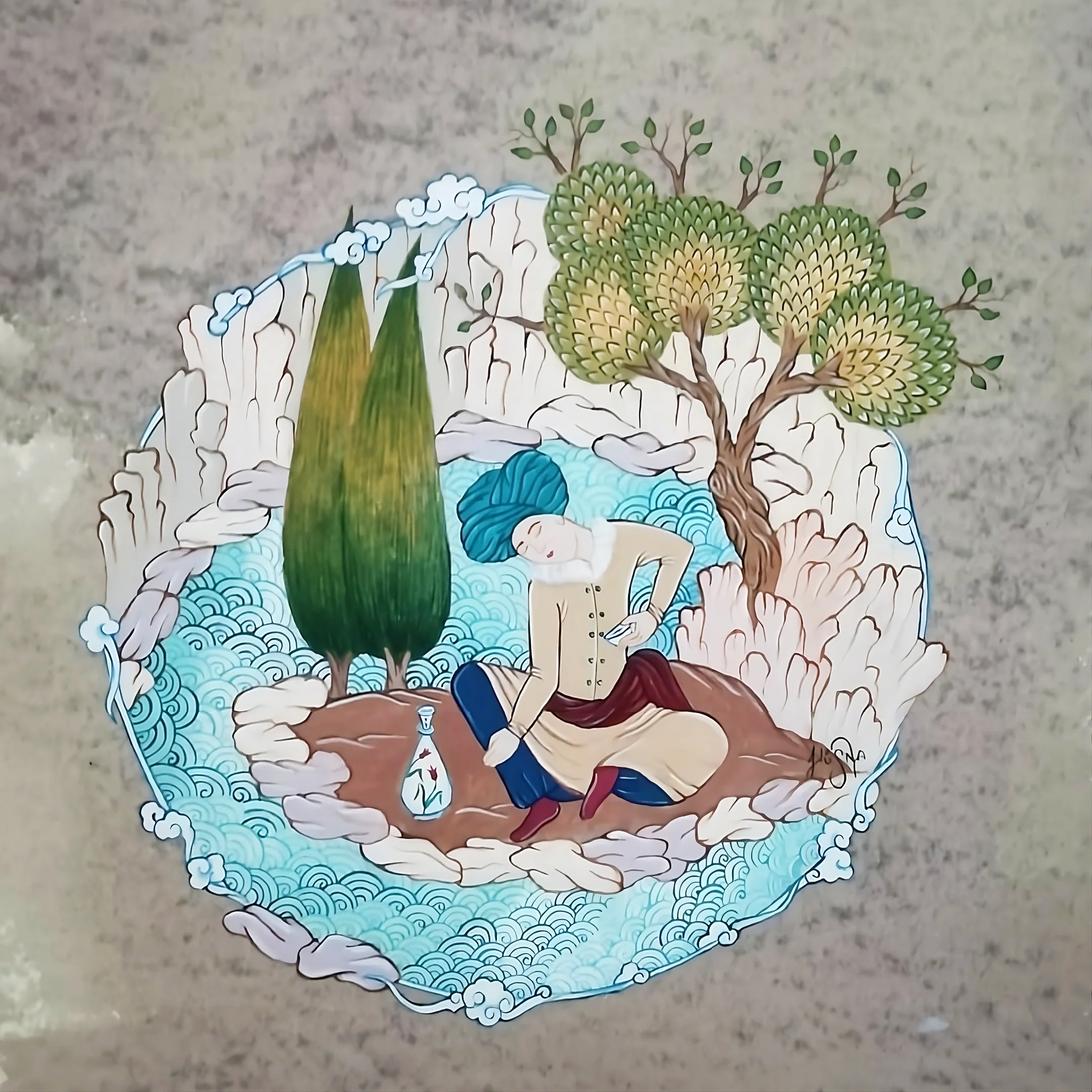 Watercolor gouache and acrylic on murakka