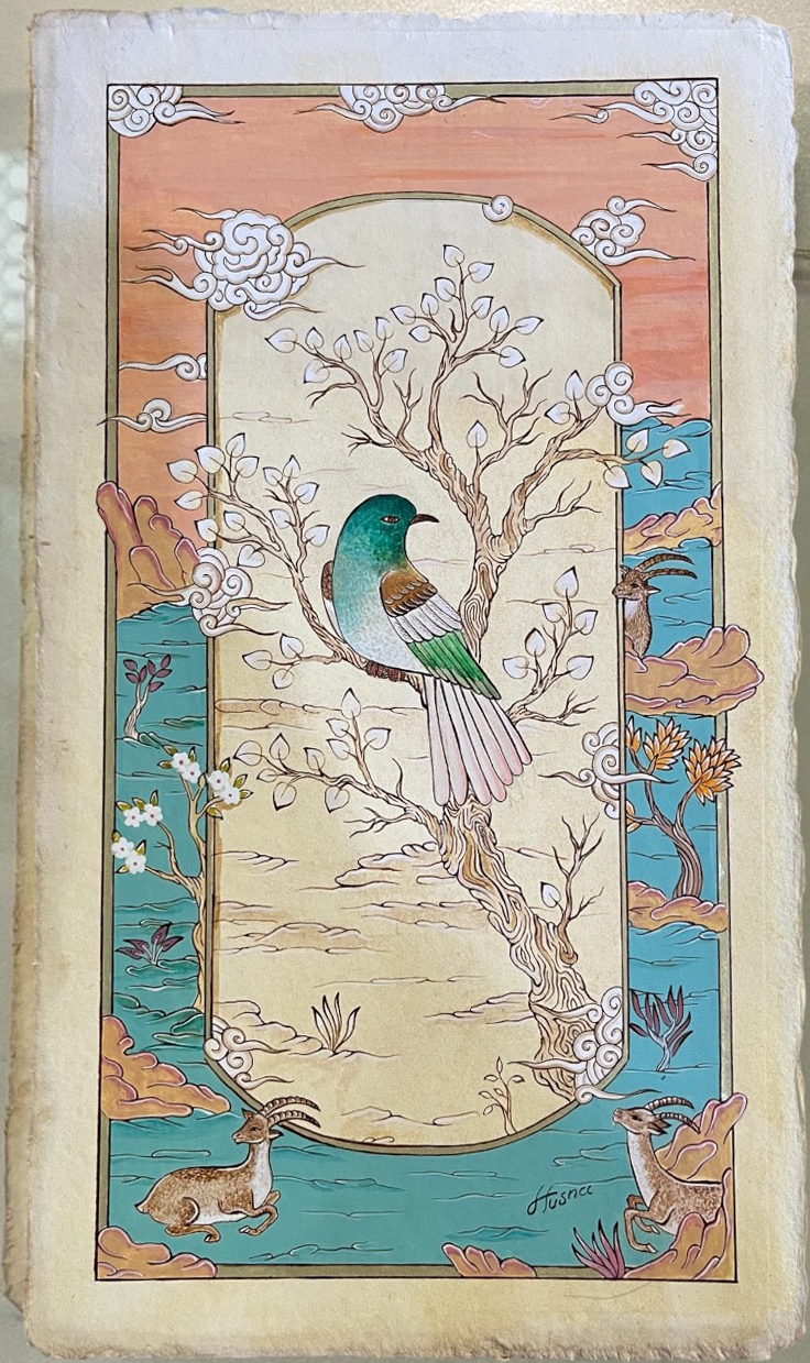 Watercolor gouache and acrylic on murakka