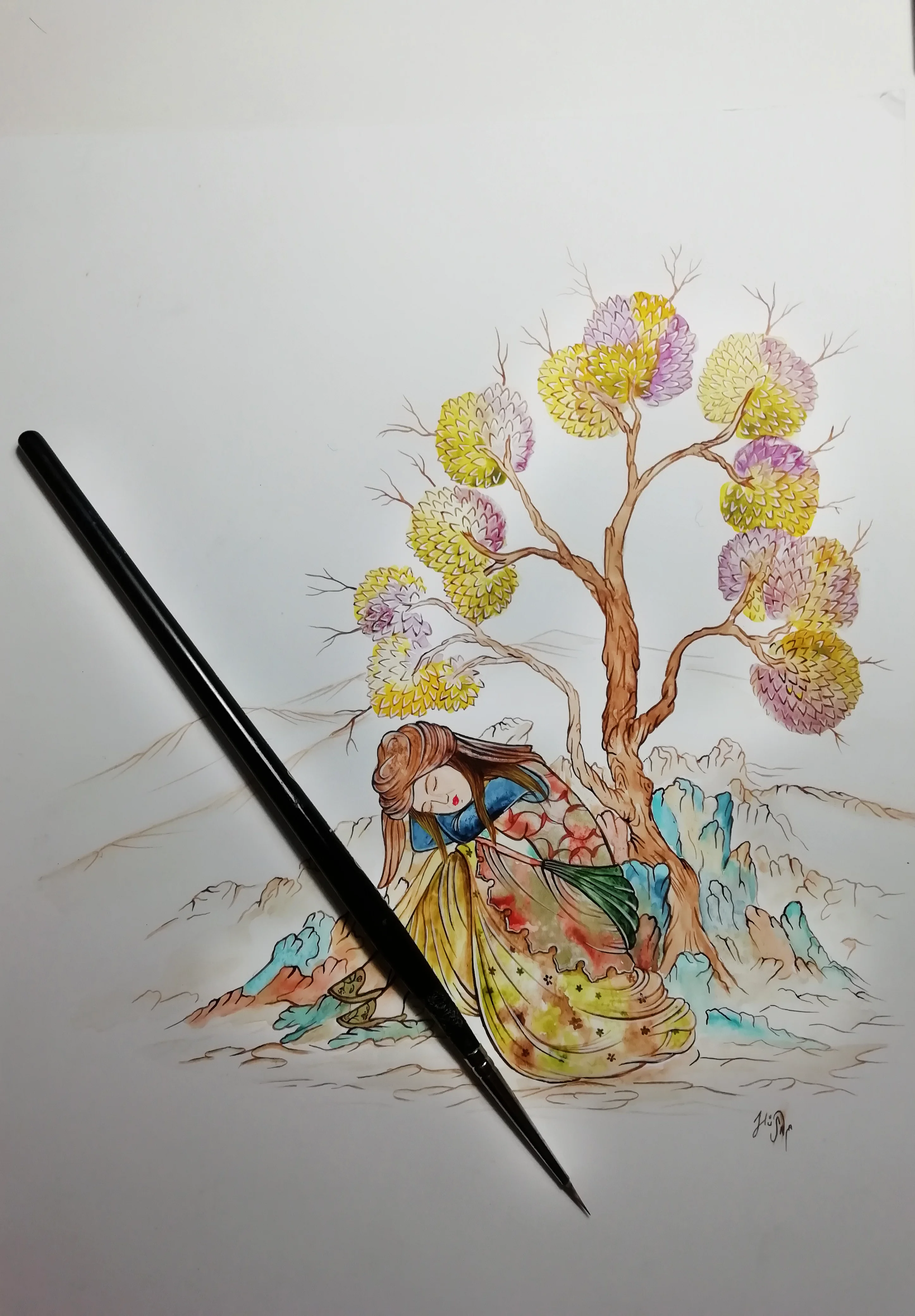 Watercolor gouache and acrylic on murakka