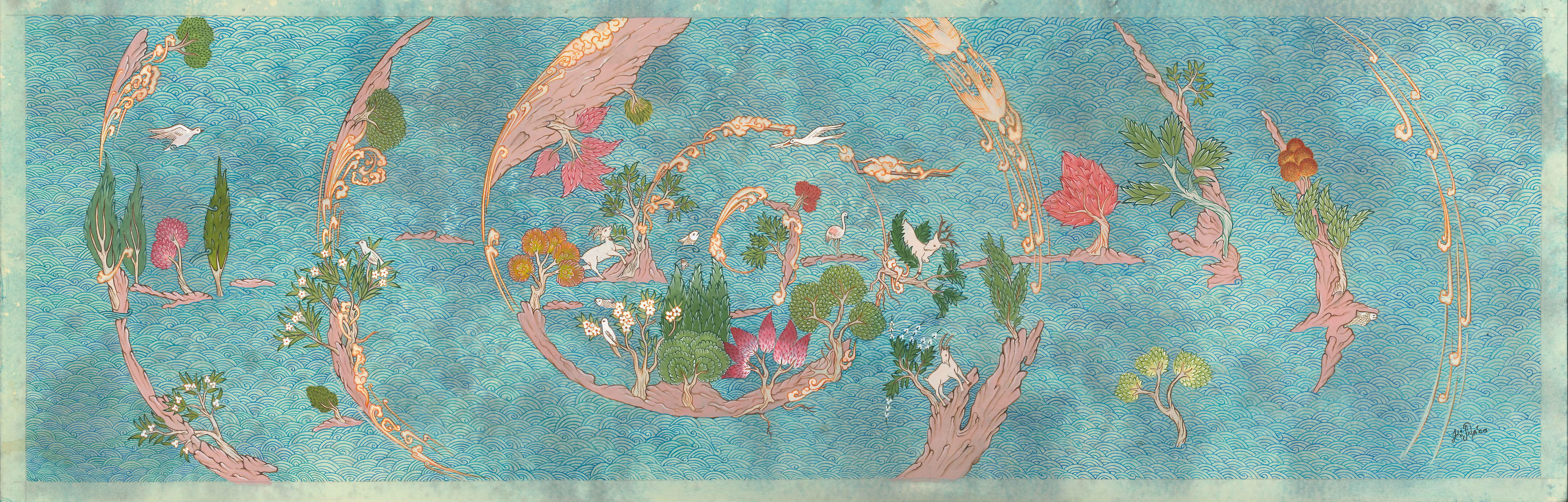 Watercolor gouache and acrylic on murakka