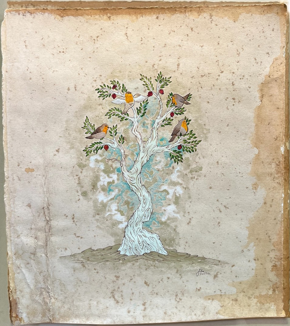 Watercolor gouache and acrylic on murakka