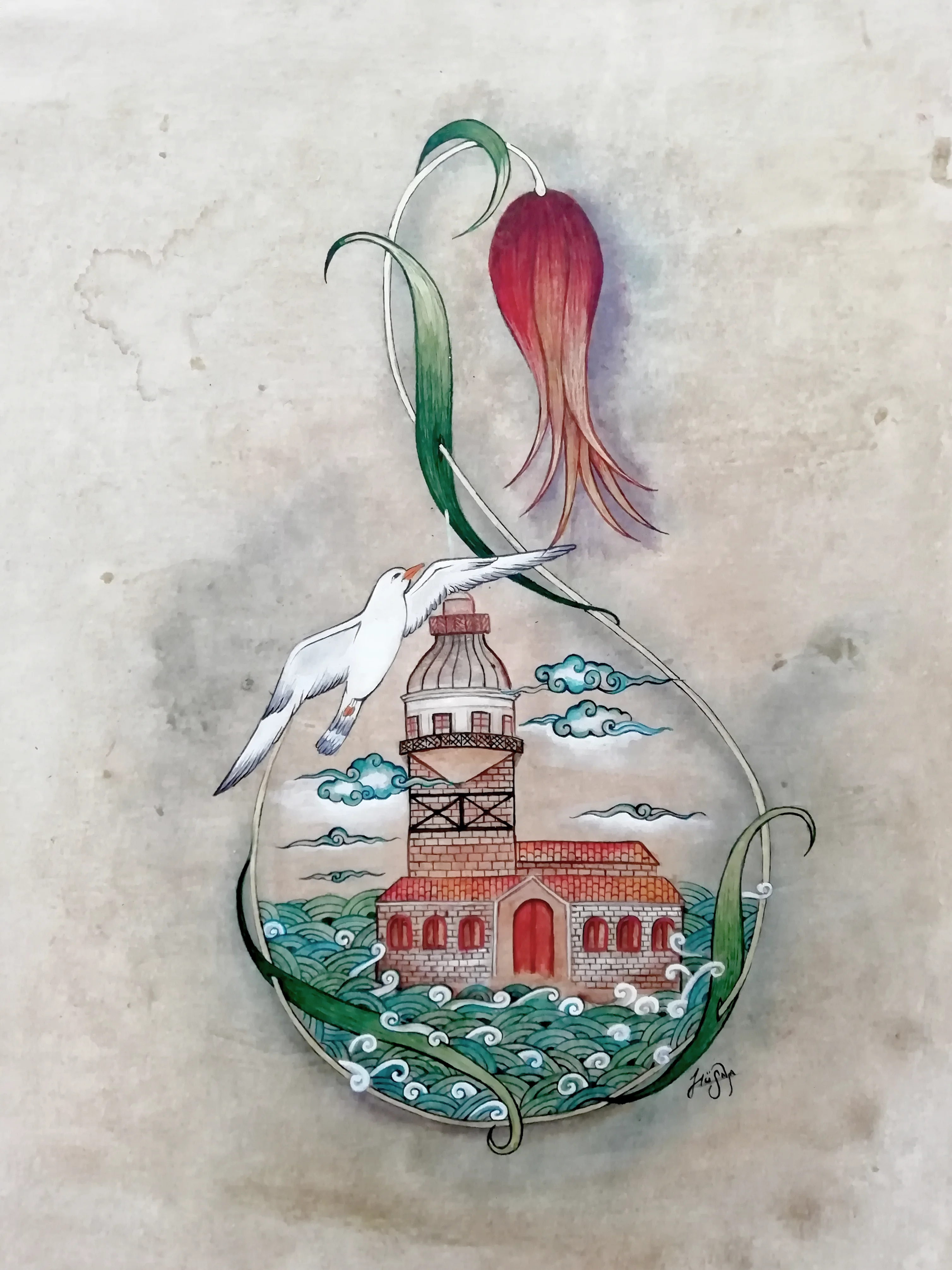 Watercolor gouache and acrylic on murakka