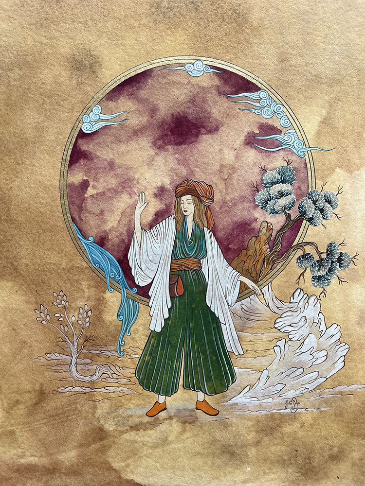 Watercolor gouache and acrylic on murakka