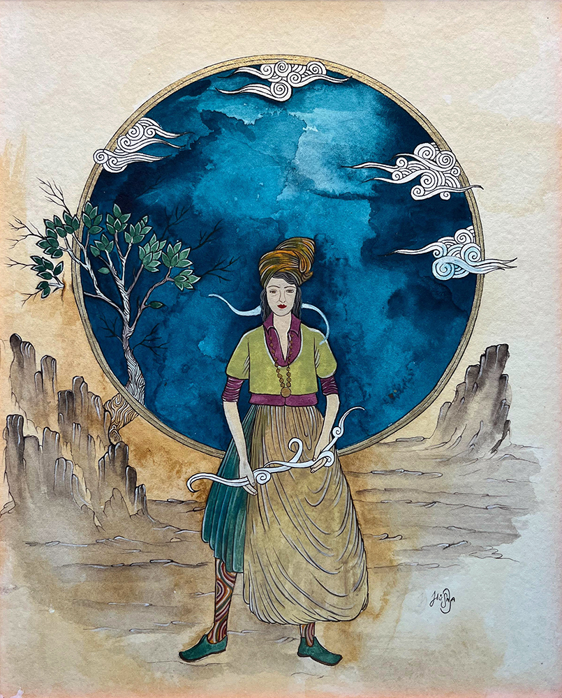 Watercolor gouache and acrylic on murakka